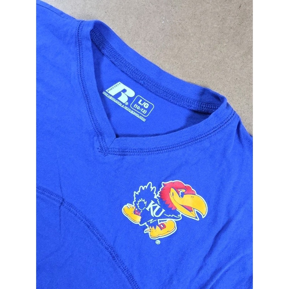 KANSAS JAYHAWKS LONG SLEEVE V NECK TEE, YOUTH  LARGE 10-12, BLUE, BASKETBALL FAN